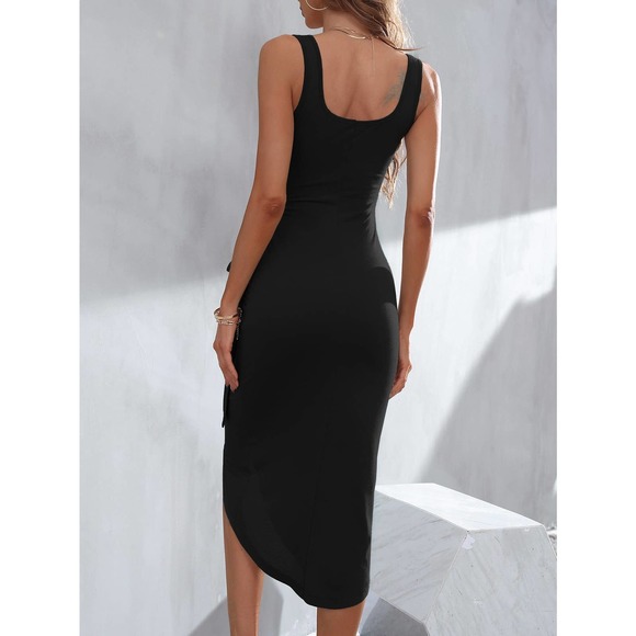 Wrap Tie Side Ruched Tank midi Dress boho black - Picture 2 of 11